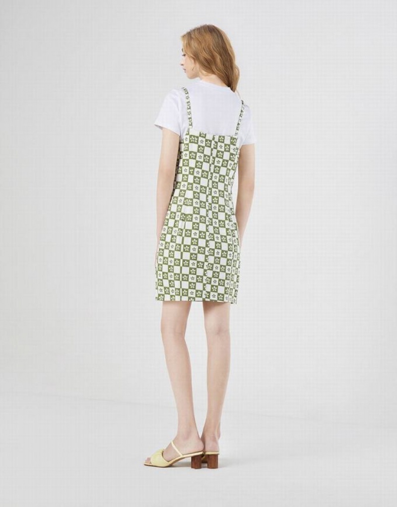 Green Urban Revivo 2 In 1 Checkered Floral Women's Denim Dress | 81942JZMG