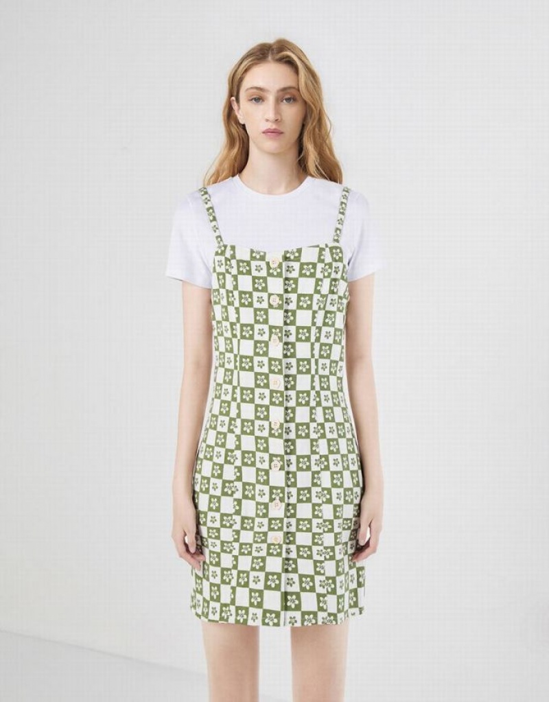 Green Urban Revivo 2 In 1 Checkered Floral Women's Denim Dress | 81942JZMG