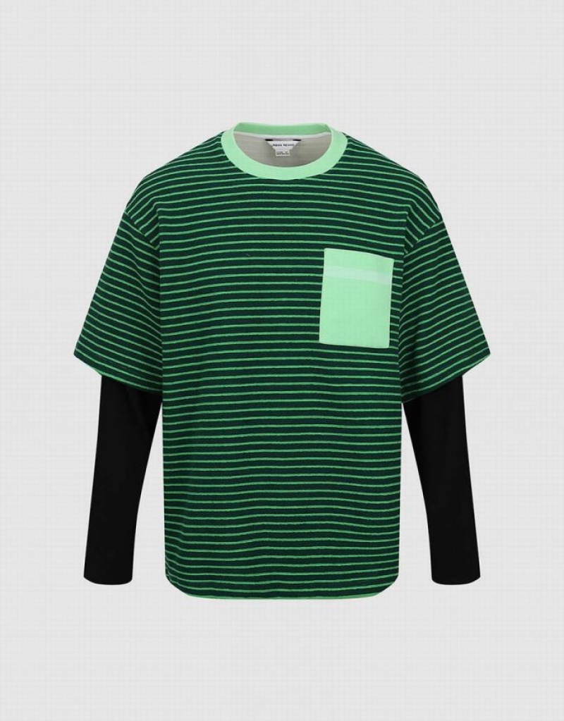Green Urban Revivo 2 In 1 Crew Neck Men's T-Shirts | 51096RCSI
