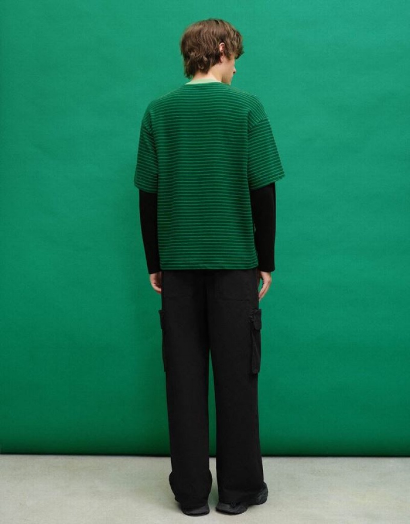 Green Urban Revivo 2 In 1 Crew Neck Men's T-Shirts | 51096RCSI