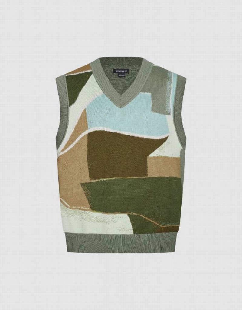 Green Urban Revivo Colorblocks Knitted Men's Cardigan | 26875HPDN
