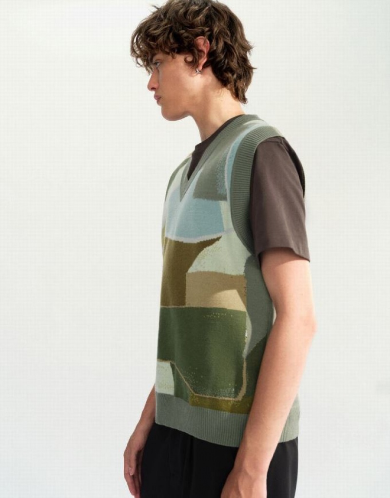 Green Urban Revivo Colorblocks Knitted Men's Cardigan | 26875HPDN