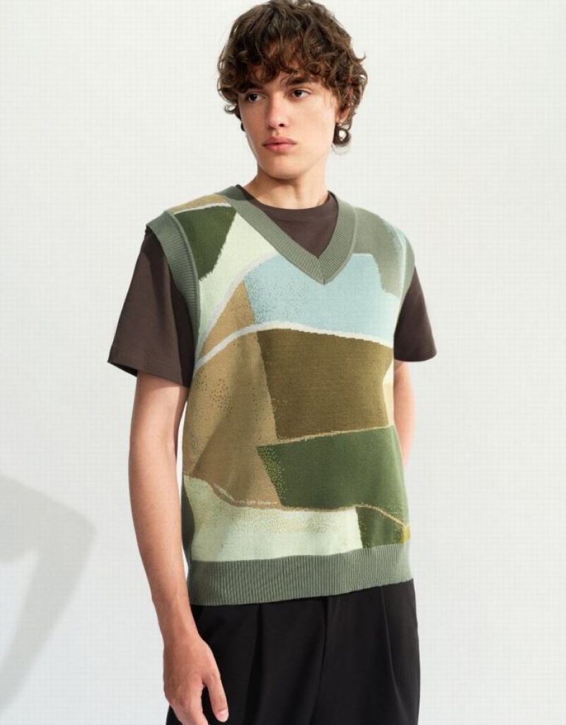 Green Urban Revivo Colorblocks Knitted Men\'s Cardigan | 26875HPDN