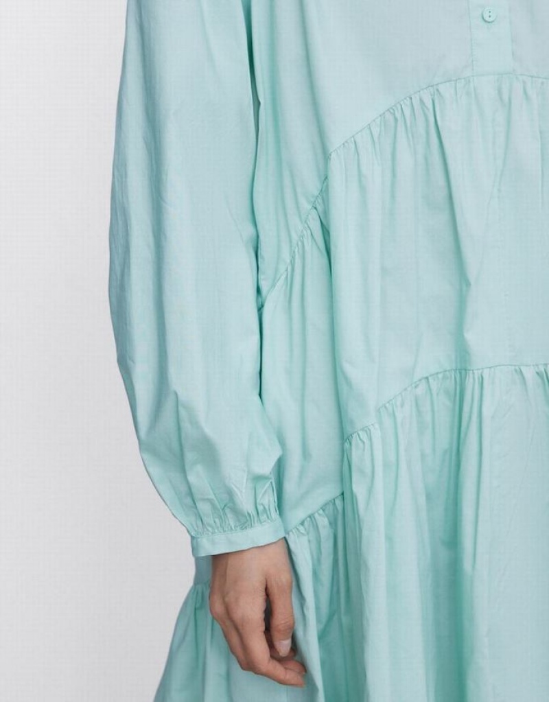 Green Urban Revivo Puff Sleeve Asymmetrical Hem Women's Shirt Dress | 28165CBLJ