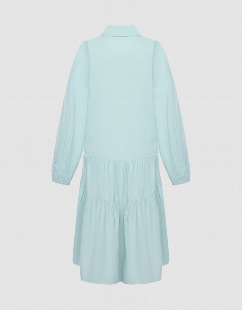 Green Urban Revivo Puff Sleeve Asymmetrical Hem Women's Shirt Dress | 28165CBLJ