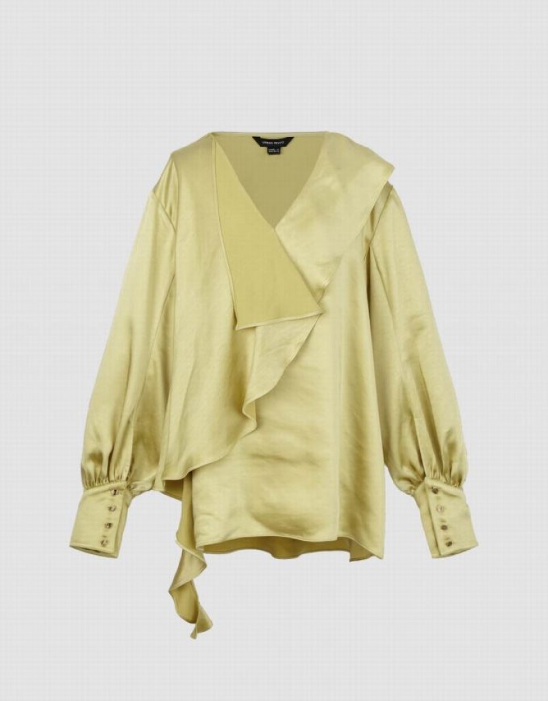 Green Urban Revivo Ruffle V-Neck Overhead Women's Blouse | 90135SUWH