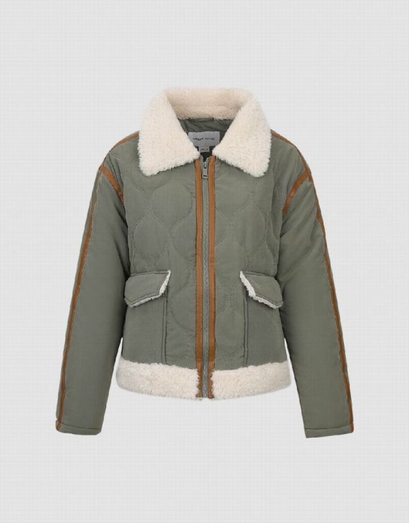 Green Urban Revivo Zipper Front A-Line Padded Women's Coats | 05476YAIB