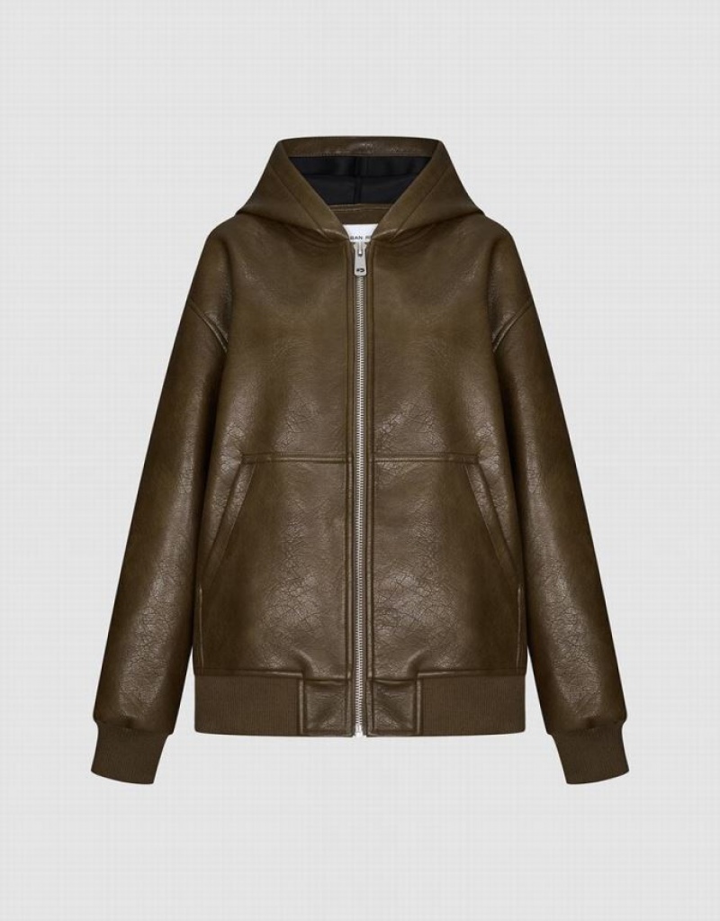 Green Urban Revivo Zipper Front Vegan Leather Women\'s Hooded Jackets | 17369ZVDW