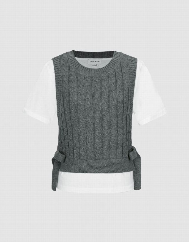 Grey Urban Revivo 2 In 1 Crew Neck Knitted Women's Cardigan | 56183DWTO