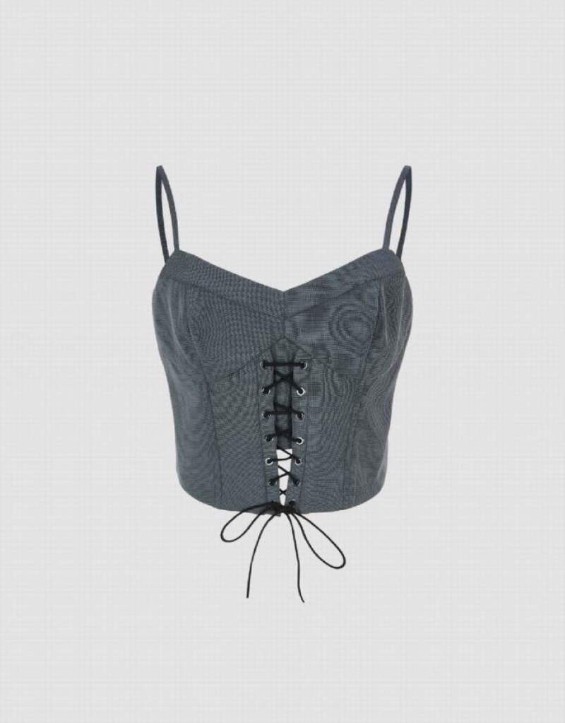 Grey Urban Revivo Lace Up Front Skinny Women's Tank Top | 47926BCPE