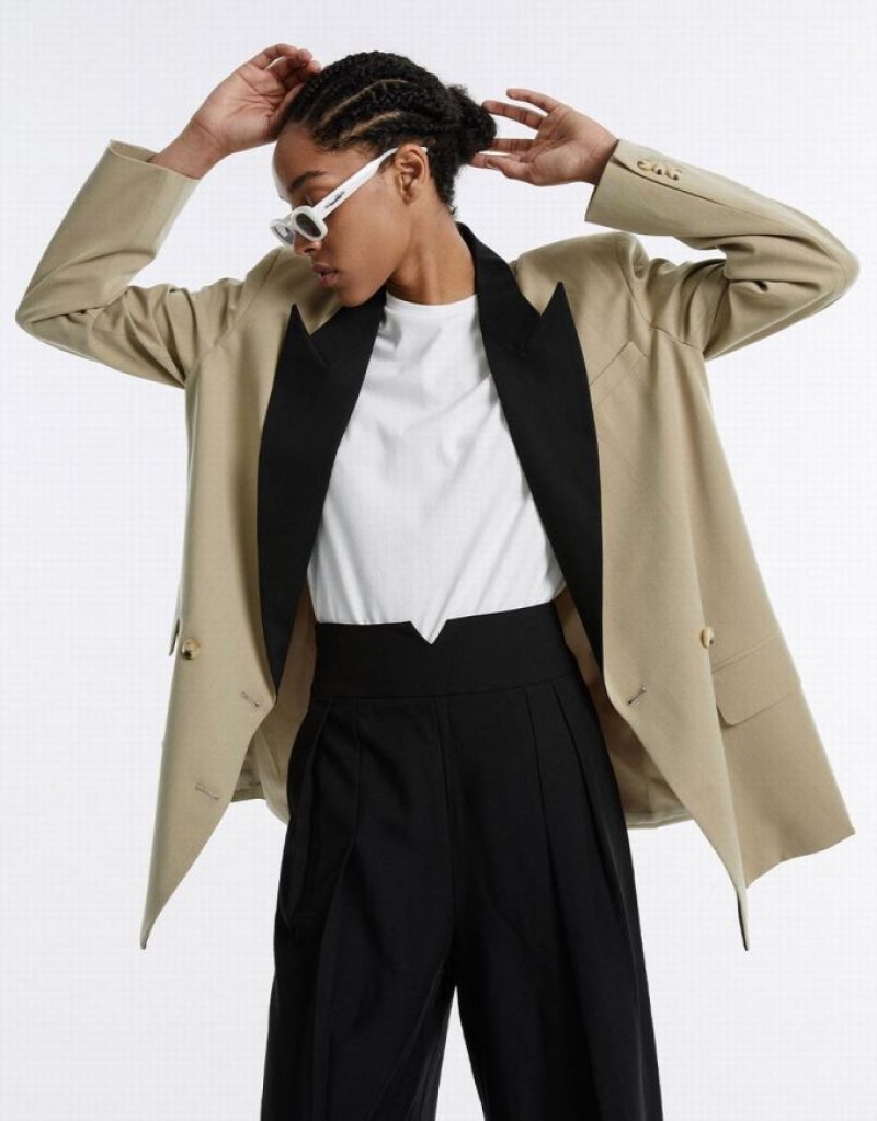 Khaki Urban Revivo Contrast Color Women's Blazers | 31492JPVB