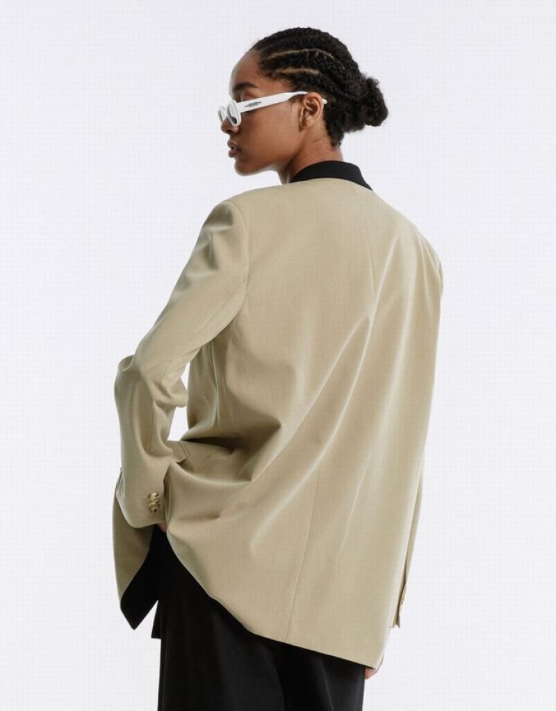 Khaki Urban Revivo Contrast Color Women's Blazers | 31492JPVB