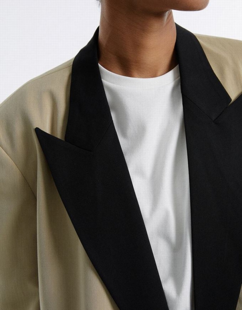 Khaki Urban Revivo Contrast Color Women's Blazers | 31492JPVB
