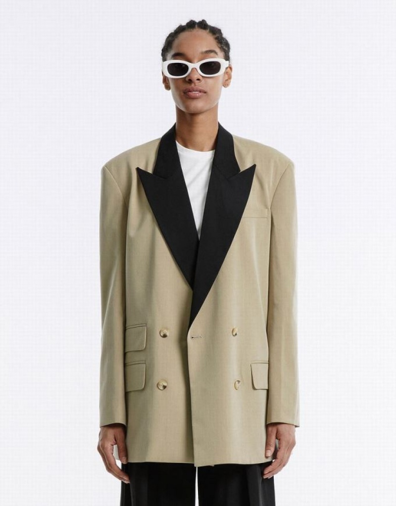 Khaki Urban Revivo Contrast Color Women\'s Blazers | 31492JPVB