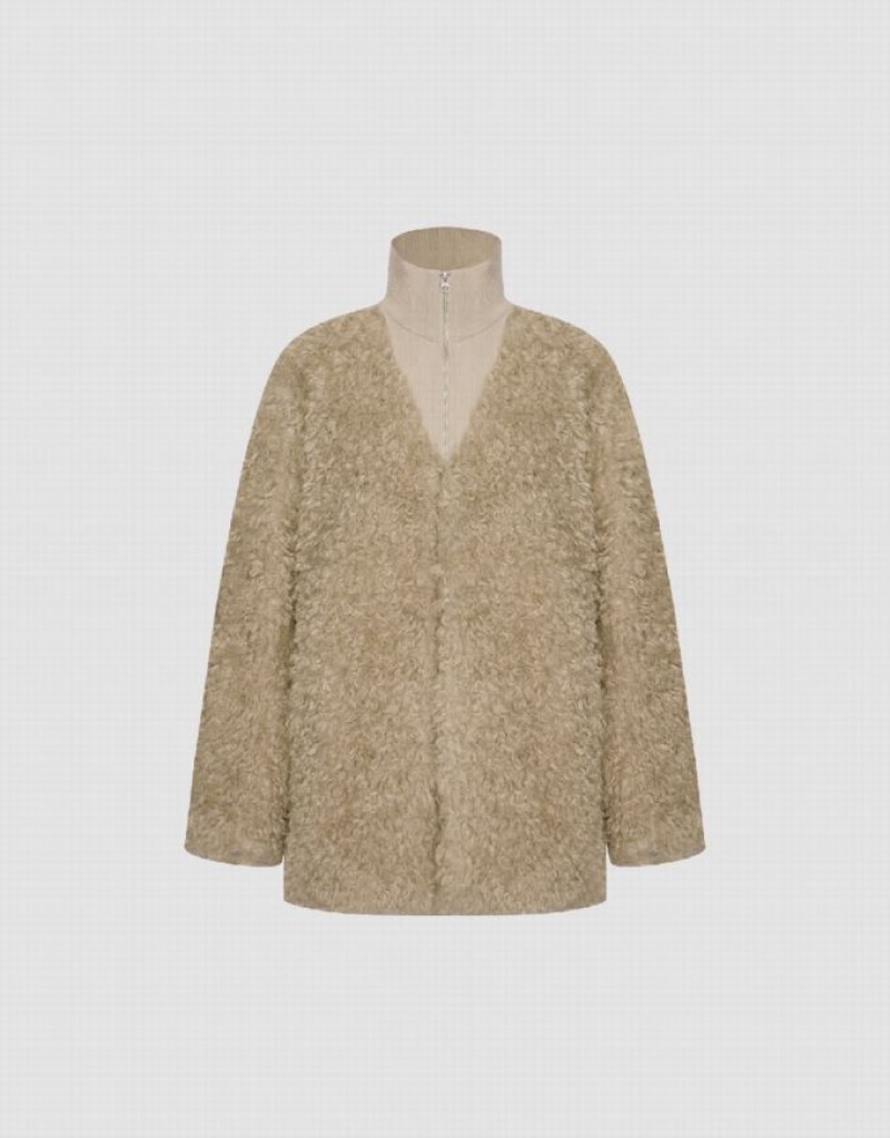 Khaki Urban Revivo Faux Fur 2 In 1 Women's Jacket | 01953HMVC