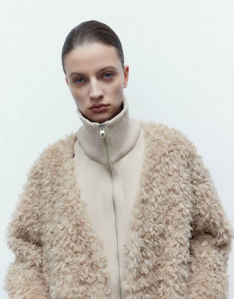 Khaki Urban Revivo Faux Fur 2 In 1 Women's Jacket | 01953HMVC