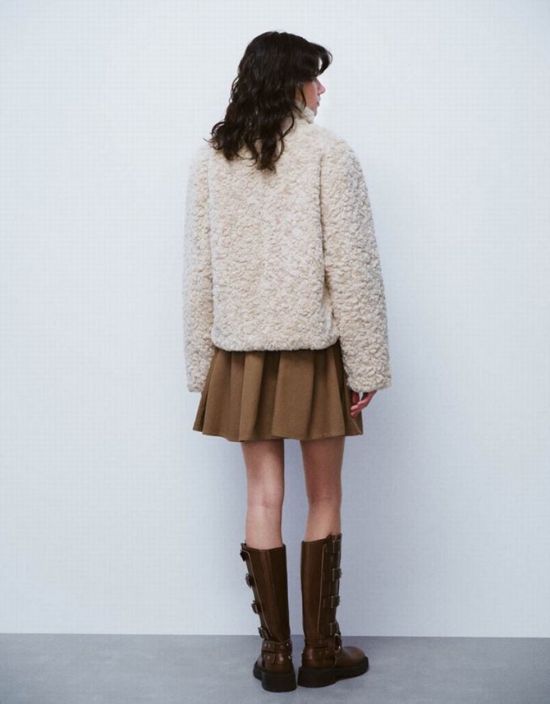 Khaki Urban Revivo Furry Stand Collar Straight Women's Jacket | 37249TRFJ
