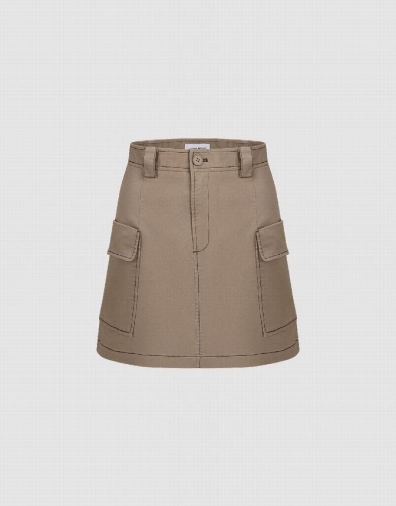 Khaki Urban Revivo Mini A-Line Women\'s Skirts | 08631JBQH