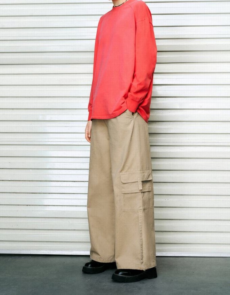 Khaki Urban Revivo Multi-Pocket Drawstring Waist Wide-Leg Women's Pants | 40785YDPK