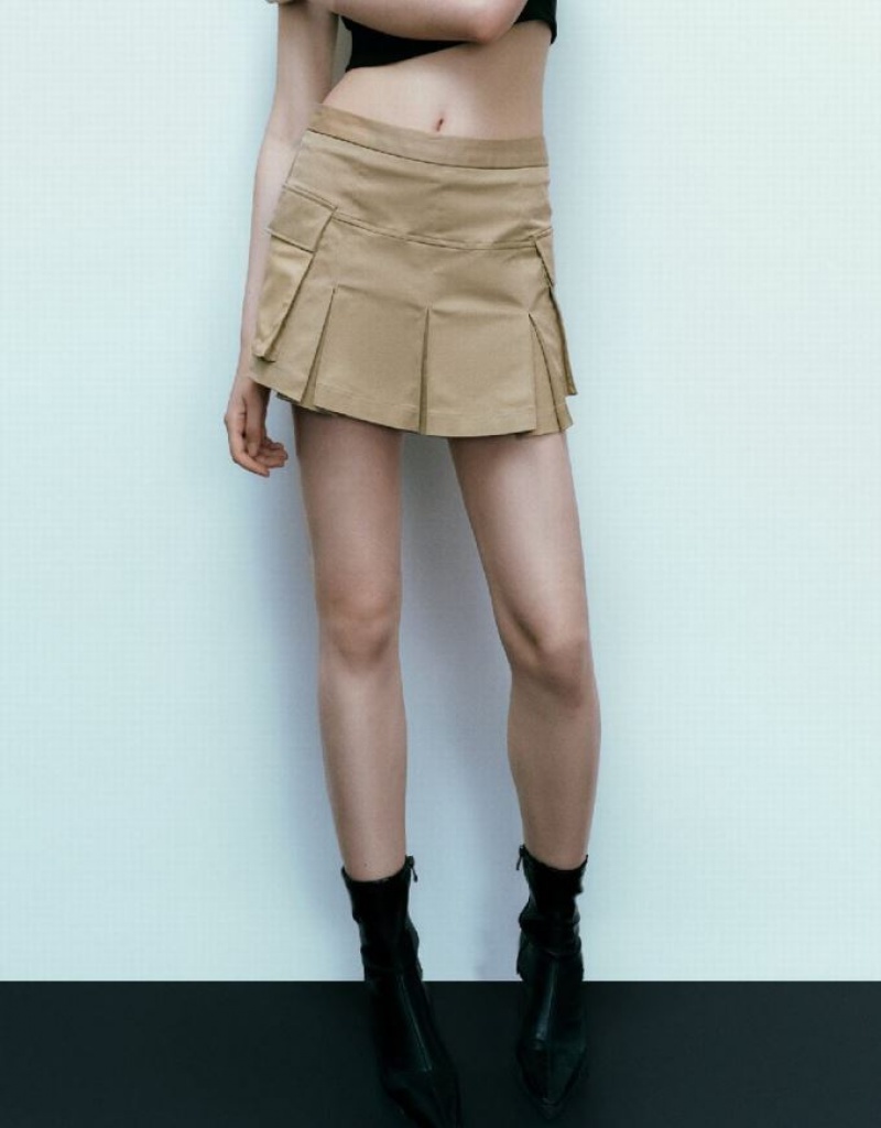 Khaki Urban Revivo Multi-Pocket Mini A-Line Women's Skirts | 15364XKRV