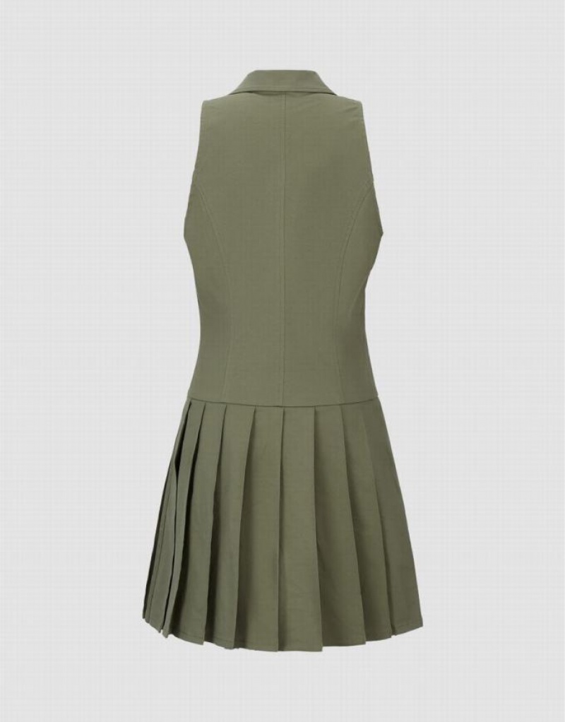 Khaki Urban Revivo Sleeveless Lapel Skater Women's Short Dress | 27493PAVW
