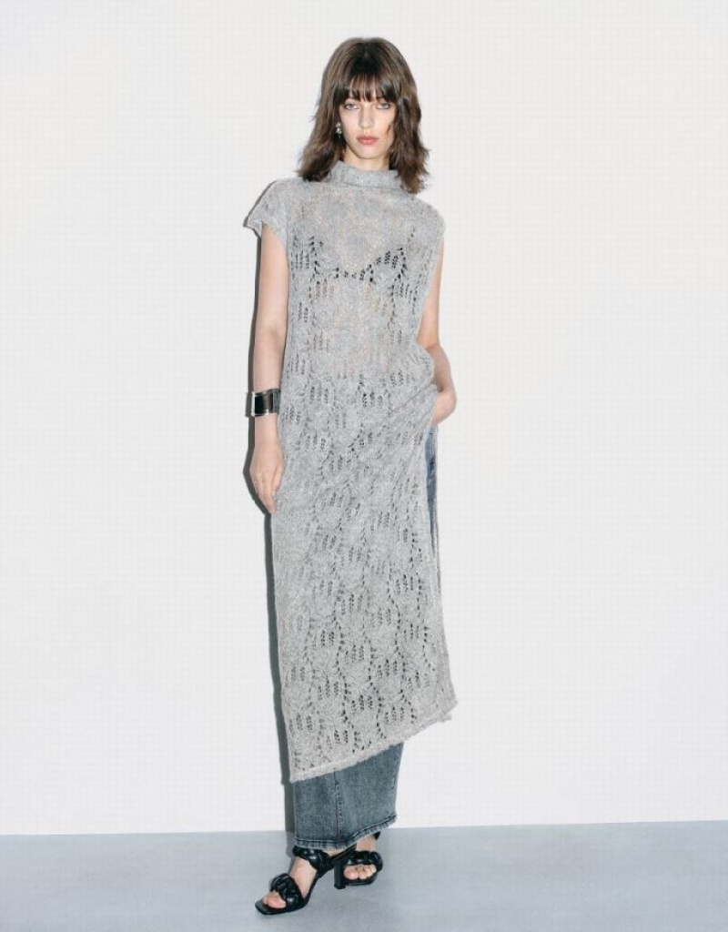 Light Grey Urban Revivo Crochet Sleeveless Turtle Neck Straight Women\'s Dress | 74590AYKC