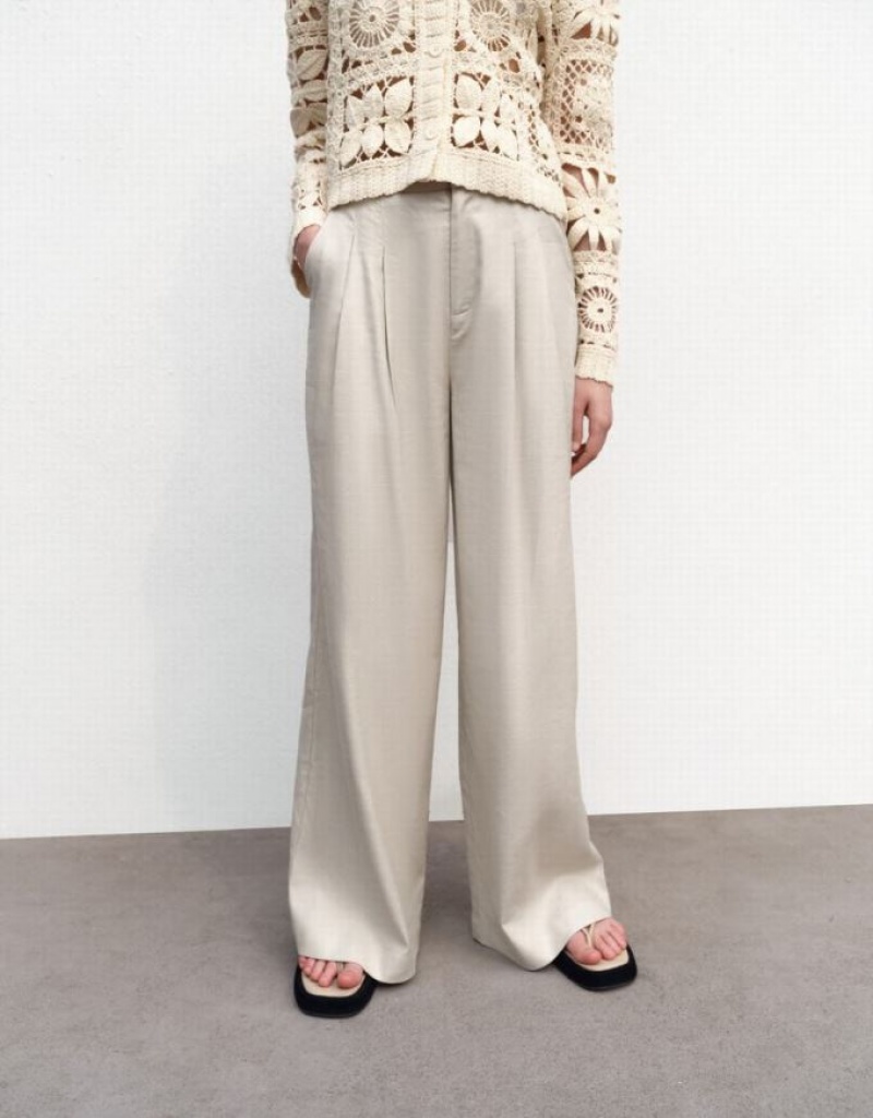 Light Khaki Urban Revivo Woven Thin Wide-Leg Women's Pants | 60273PGRB