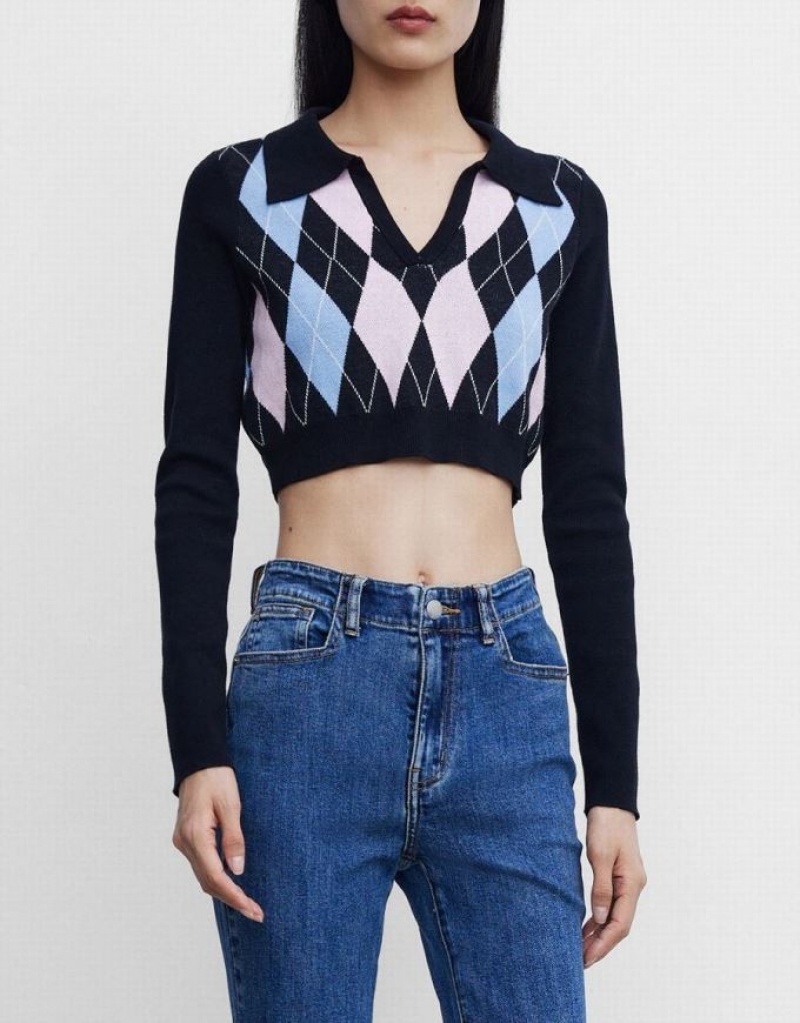 Multicolor Urban Revivo Argyle Crop Women's Sweaters | 90382OYLZ