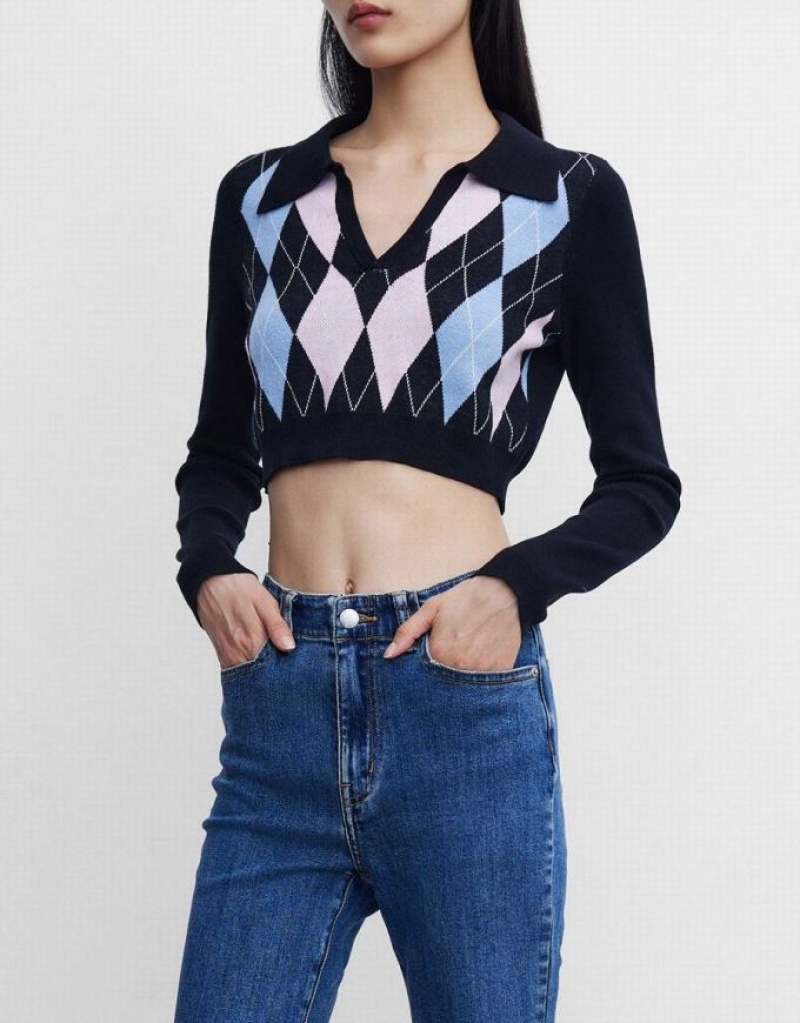 Multicolor Urban Revivo Argyle Crop Women's Sweaters | 90382OYLZ