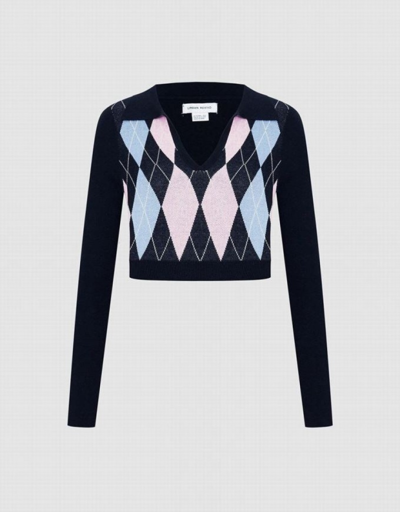 Multicolor Urban Revivo Argyle Crop Women\'s Sweaters | 90382OYLZ