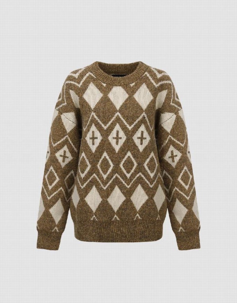 Multicolor Urban Revivo Argyle Pattern Crew Neck Knitted Women's Cardigan | 74108XMQI