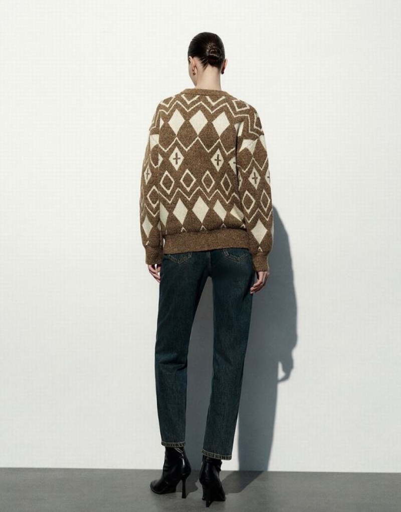 Multicolor Urban Revivo Argyle Pattern Crew Neck Knitted Women's Cardigan | 74108XMQI
