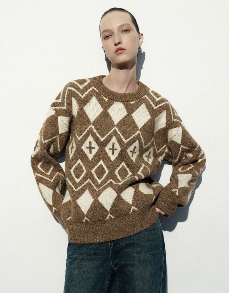 Multicolor Urban Revivo Argyle Pattern Crew Neck Knitted Women\'s Cardigan | 74108XMQI