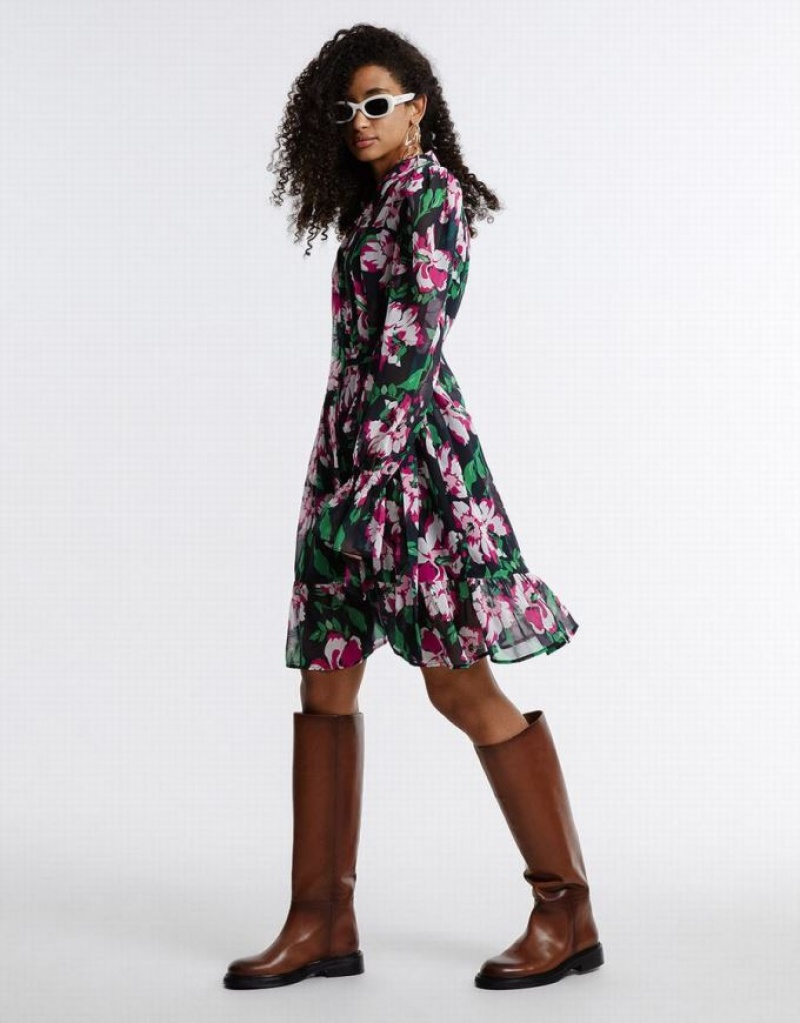 Multicolor Urban Revivo Belted Floral Chiffon Women's Short Dress | 38476ZRPN