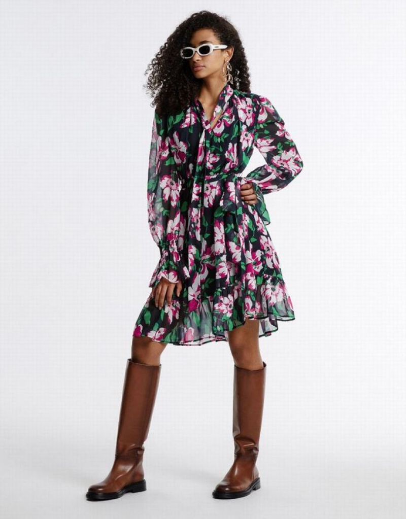 Multicolor Urban Revivo Belted Floral Chiffon Women\'s Short Dress | 38476ZRPN