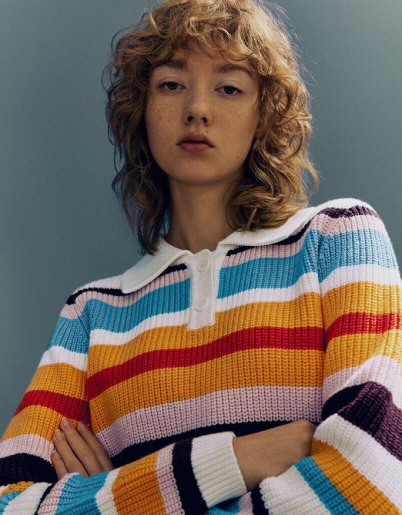 Multicolor Urban Revivo Button Half Placket Striped Knitted Women's Cardigan | 43571BXCO