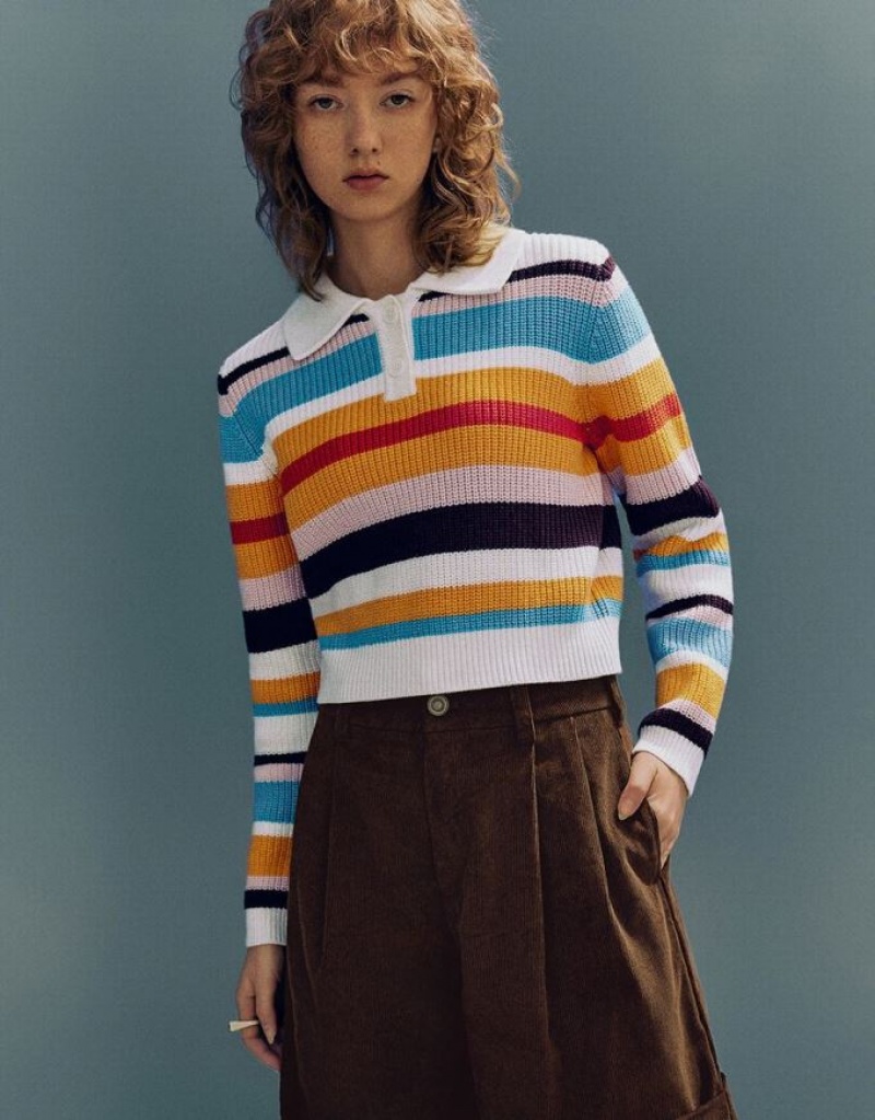 Multicolor Urban Revivo Button Half Placket Striped Knitted Women\'s Cardigan | 43571BXCO