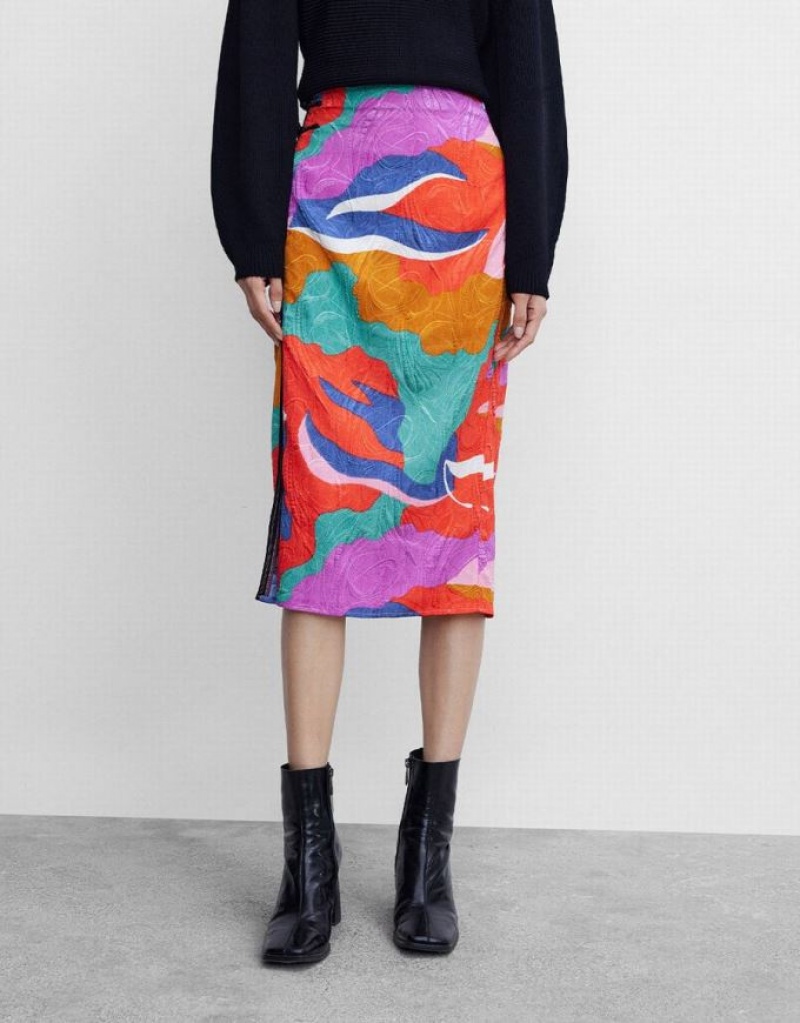 Multicolor Urban Revivo Colorblock Frog Button Split Hem Women's Skirts | 08452KBLU