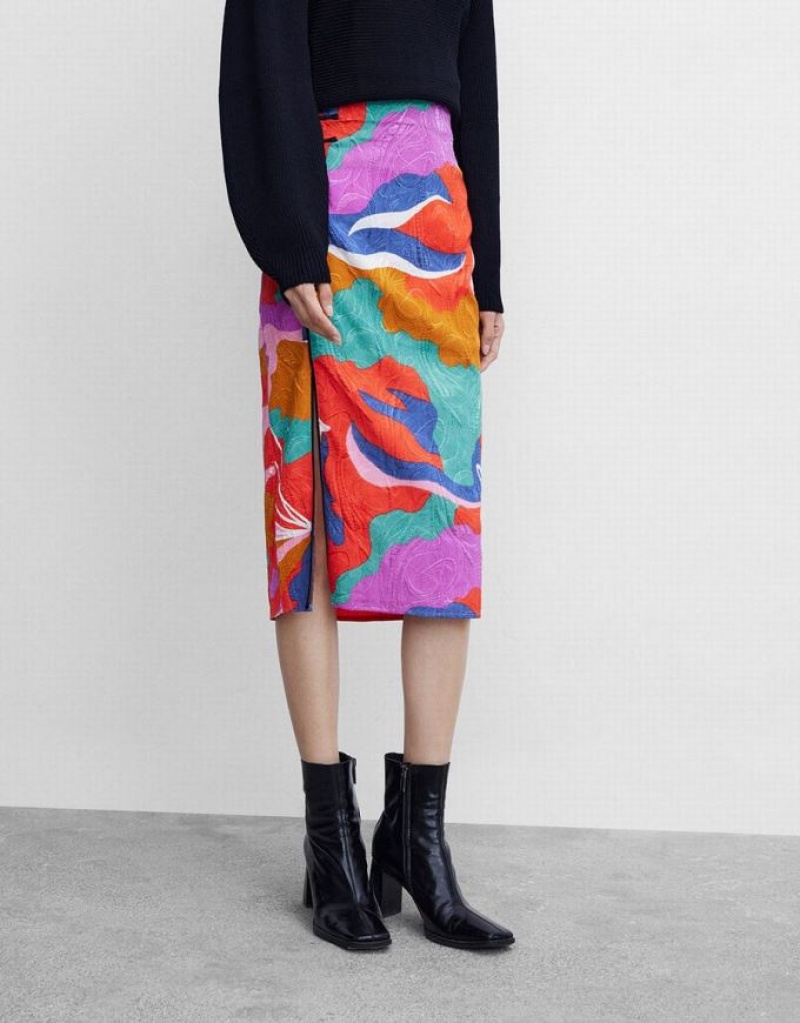 Multicolor Urban Revivo Colorblock Frog Button Split Hem Women's Skirts | 08452KBLU