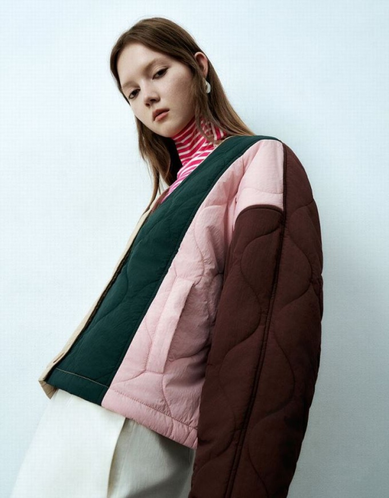 Multicolor Urban Revivo Colorblocks Crew Neck Padded Women's Coats | 98037DNBI