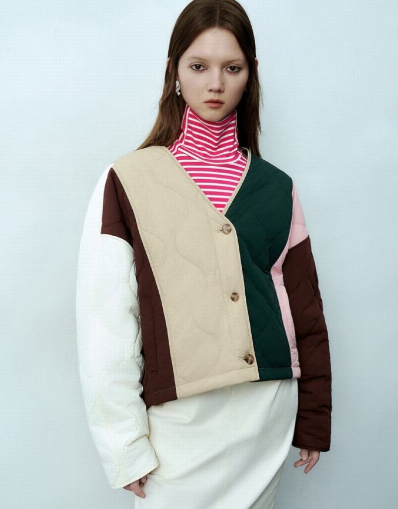 Multicolor Urban Revivo Colorblocks Crew Neck Padded Women\'s Coats | 98037DNBI