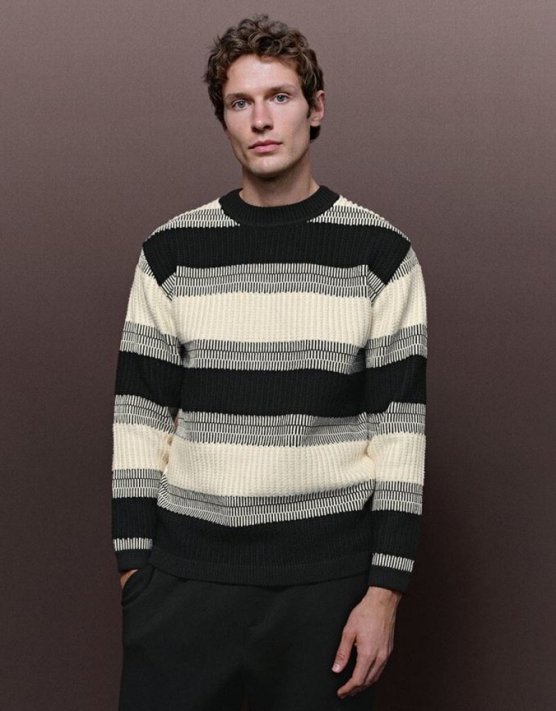 Multicolor Urban Revivo Crew Neck Striped Knitted Men\'s Cardigan | 57240GFCS