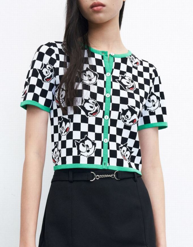Multicolor Urban Revivo Felix The Cat Checkered Short Sleeve Women's Cardigan | 85037KPXL