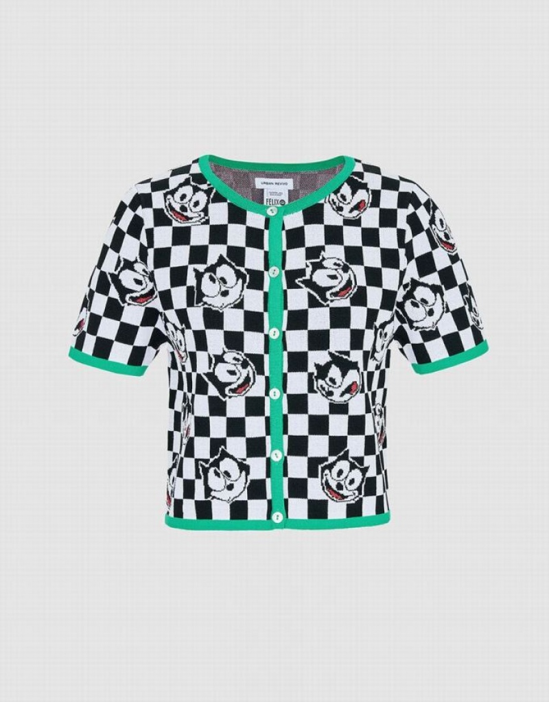 Multicolor Urban Revivo Felix The Cat Checkered Short Sleeve Women\'s Cardigan | 85037KPXL