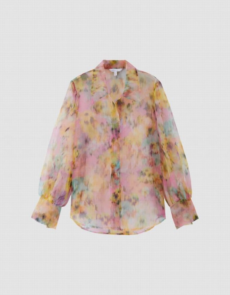 Multicolor Urban Revivo Flowers Printed Sheer Overhead Women's Blouse | 97068UYWZ