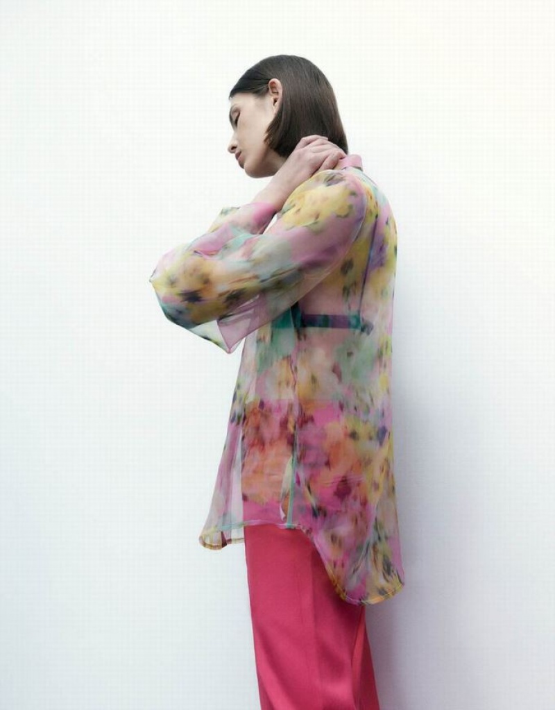 Multicolor Urban Revivo Flowers Printed Sheer Overhead Women's Blouse | 97068UYWZ
