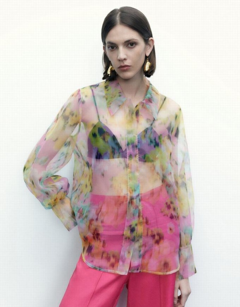 Multicolor Urban Revivo Flowers Printed Sheer Overhead Women\'s Blouse | 97068UYWZ