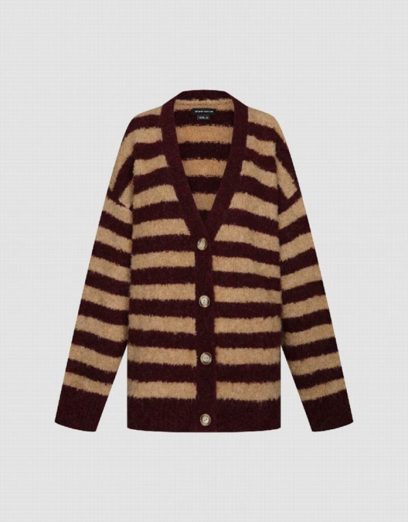 Multicolor Urban Revivo Furry Striped V-Neck Knitted Women's Cardigan | 08149WOEC