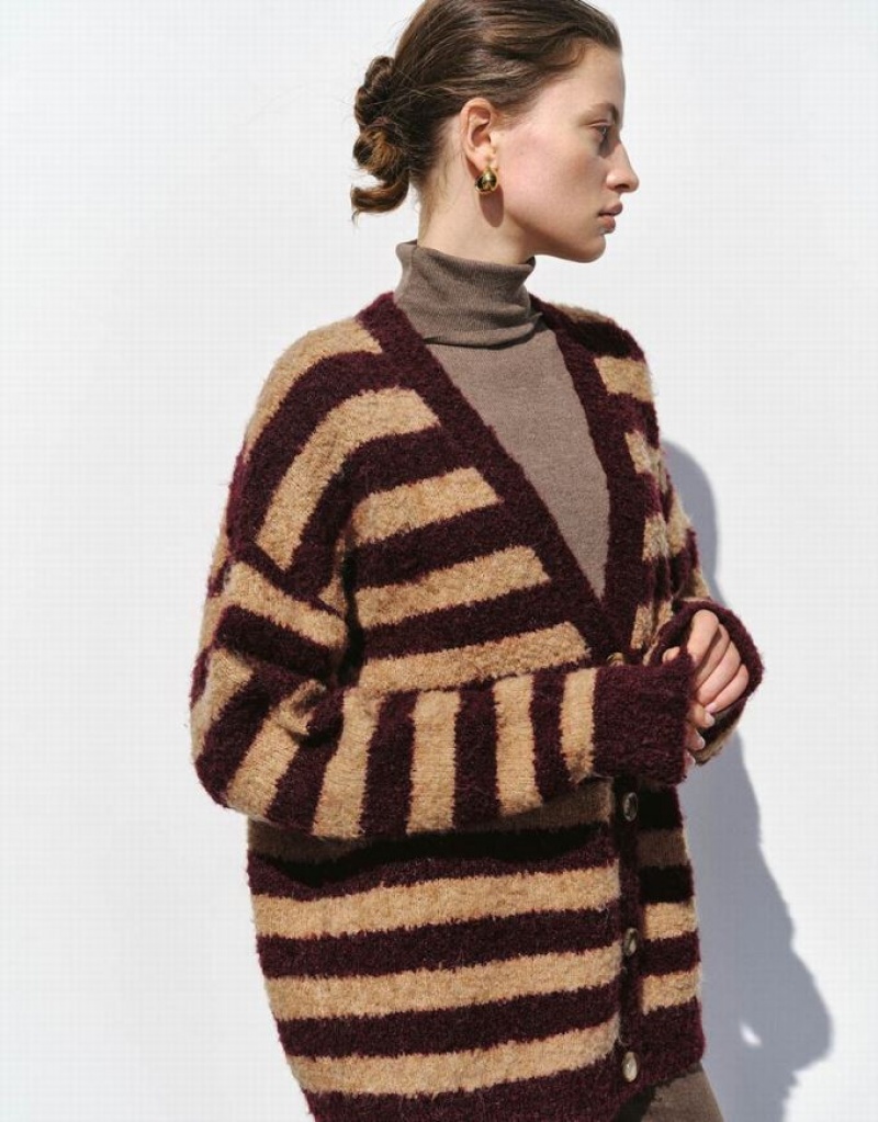 Multicolor Urban Revivo Furry Striped V-Neck Knitted Women's Cardigan | 08149WOEC