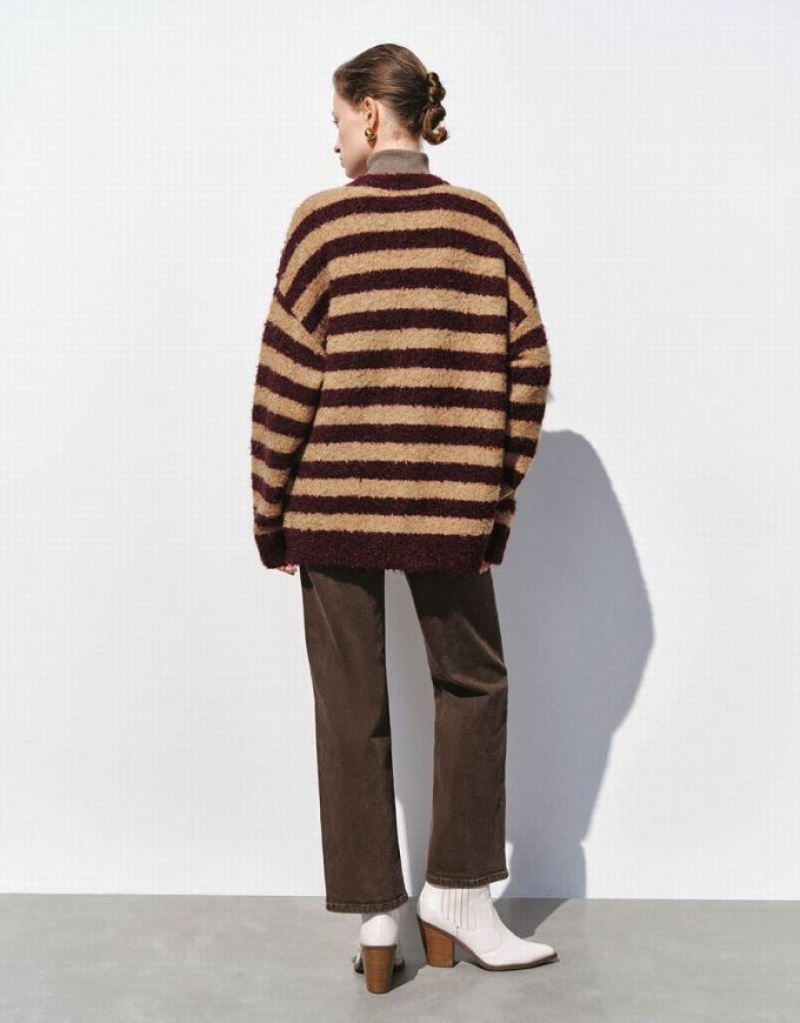 Multicolor Urban Revivo Furry Striped V-Neck Knitted Women's Cardigan | 08149WOEC